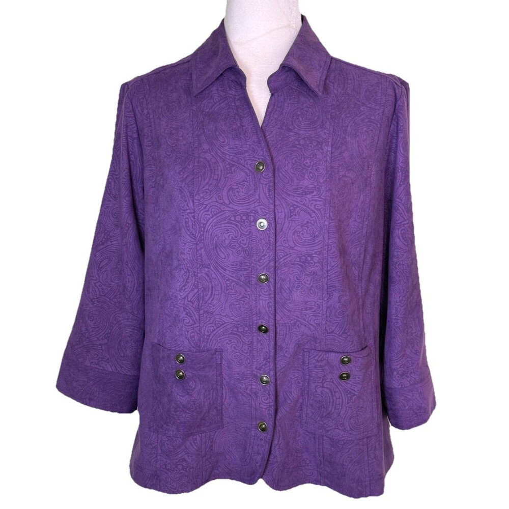 Women’s Purple Tonal Paisley Shirt Jacket‎ Shacket Snap Front 3/4 Sleeve Sz Lg